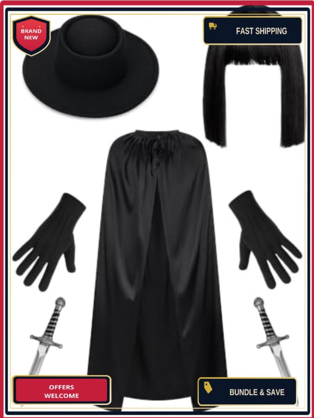 7 Pc Adult Halloween Hacker Revenge Costume Set Cape Hat Wig Gloves Daggers